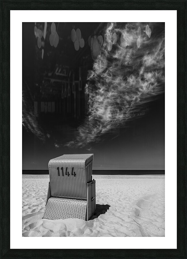 Black and white shot of beach chair at the North Sea on the island of Sylt  Picture Frame print