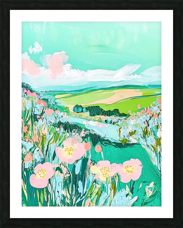 Cool Green Landscape with Flowers Picture Frame print