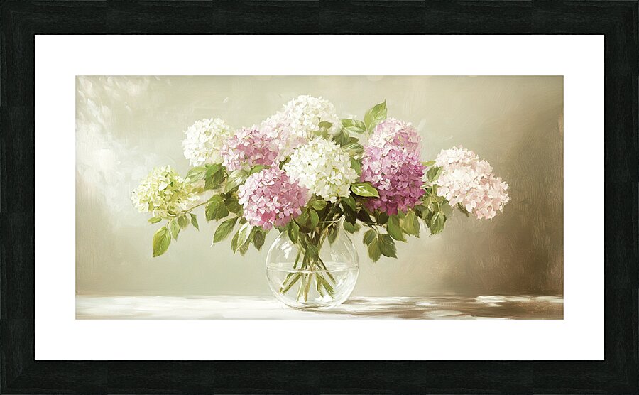 Beautiful white and pink hortensia flowers in vase on table	 Picture Frame print