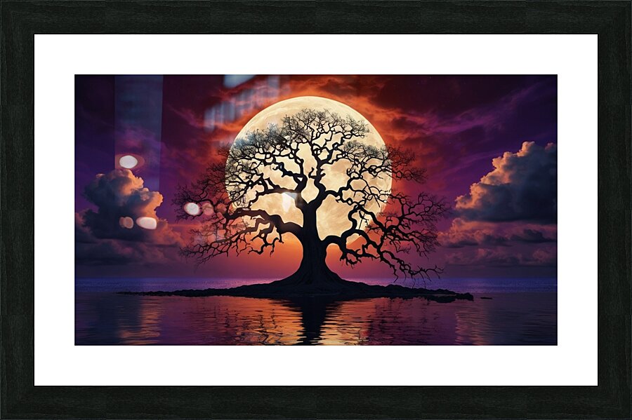 Crimson Sky & Obsidian Tree: A Surreal Dreamscape Picture Frame print