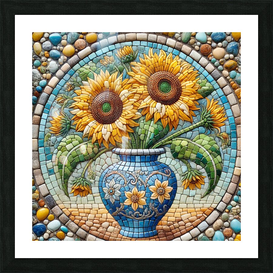 Stunning Mosaic Artwork of Sunflowers in a Decorative Blue Vase Picture Frame print
