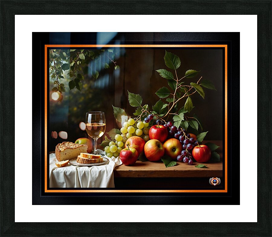 Still Life of Wine Grapes and Apples in a Tranquil Garden Setting Alluring AI Concept Art by Xzendor7 Picture Frame print