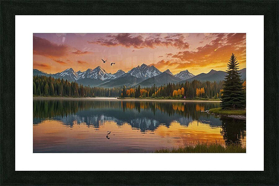 Golden Sunset Over Serene Mountains - Reflective Lake and Pine Trees - Nature Wall Art Picture Frame print