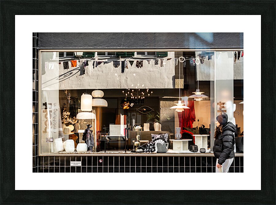 Street photo of reflections in a stylish furniture shop window in the city Picture Frame print