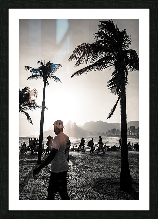 Black and white photo of people strolling along the promenade at Ipanema Beach in Rio de Janeiro  Picture Frame print