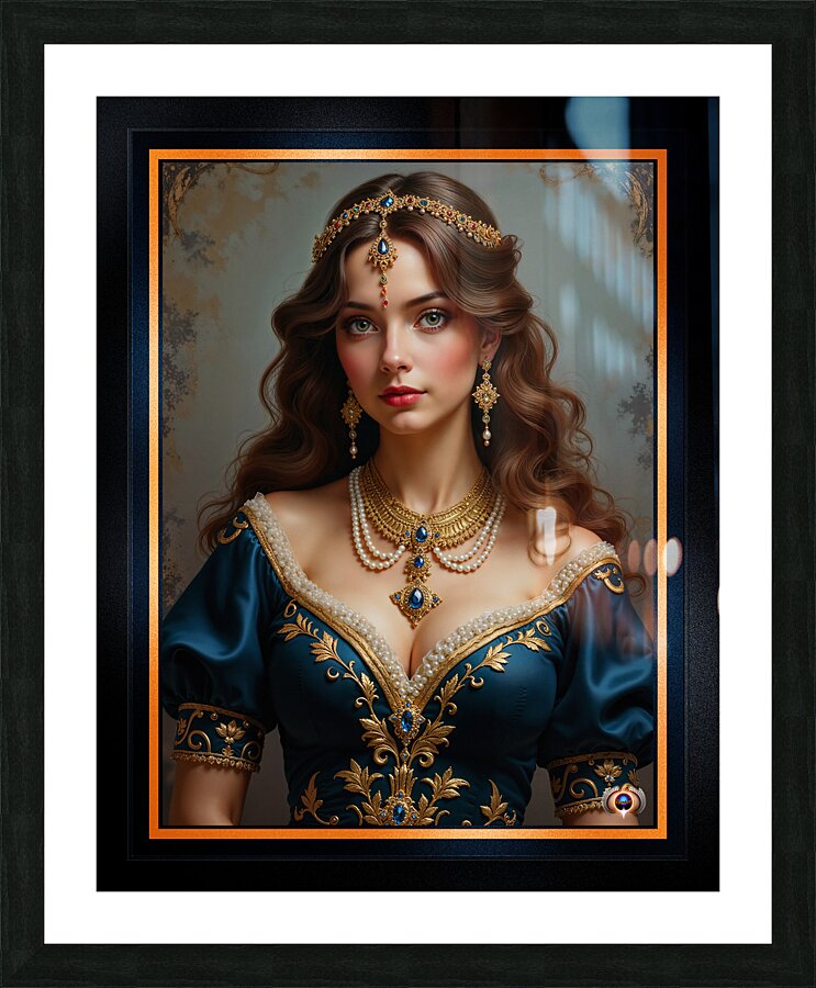 A Timeless Portrait of Anna-Marie in a Gold Embroidered Teal Dress Enchanting AI Concept Art by Xzendor7 Picture Frame print
