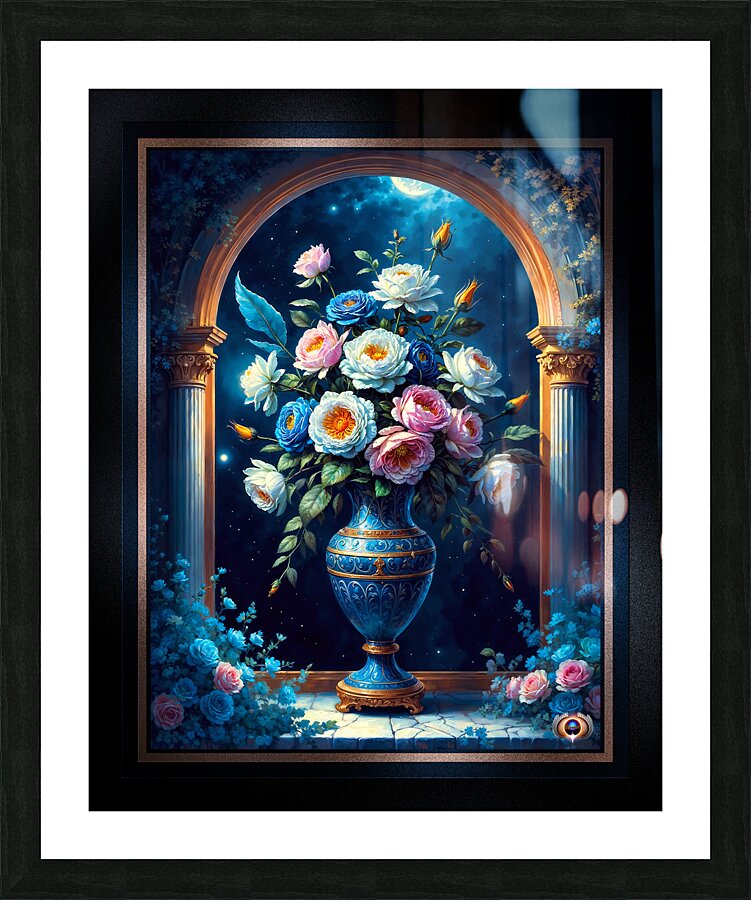 Glorious Floral Bouquet In A Majestic Blue Vase Under A Moonlit Sky Captivating AI Concept Art by Xzendor7 Picture Frame print
