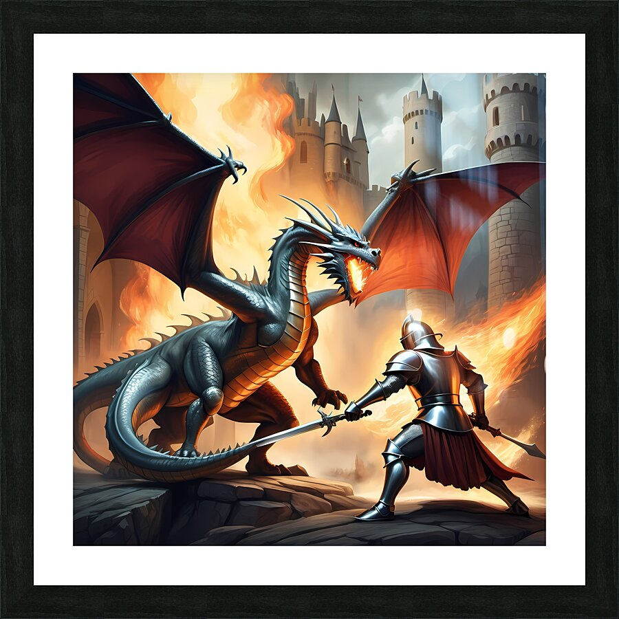 Epic Dragon Battle - Fantasy Art Illustration Picture Frame print
