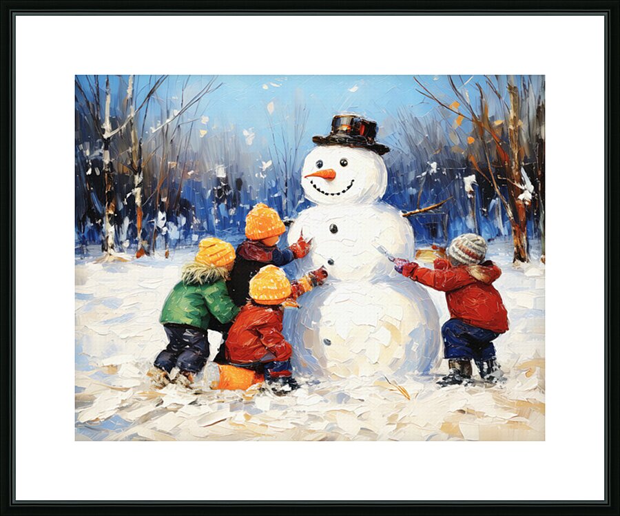 Youngsters Building a Snowman Picture Frame print