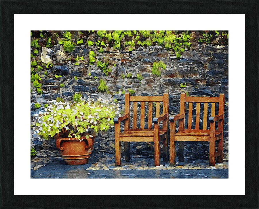 Rustic garden scene with wooden chairs and vibrant flowers Picture Frame print