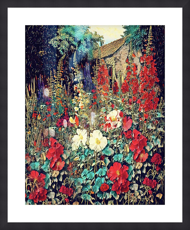 Hollyhocks Guard the Stone House Picture Frame print