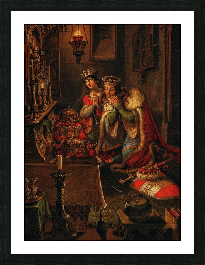 King Albert II and His Wife Elizabeth of Luxembourg in Prayer. On the Altar the Crowns of Bohemia and Hungary. As well as the Imperial Crown of the Holy Roman Empire [1820] by Karl Russ [1779–1843] Picture Frame print
