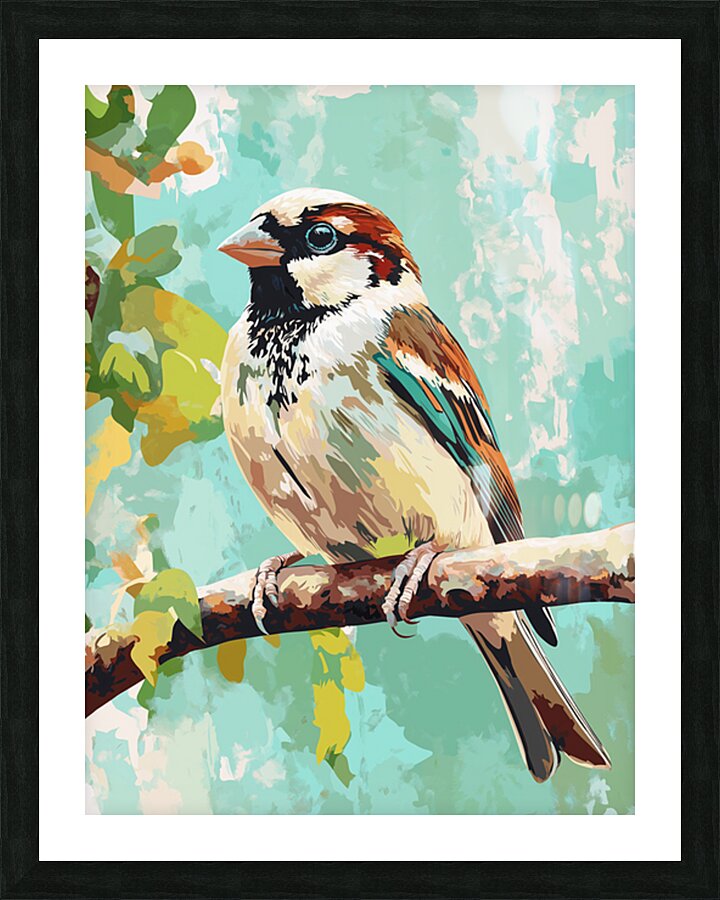 A vintage style drawing of a small sparrow sitting on a branch Picture Frame print