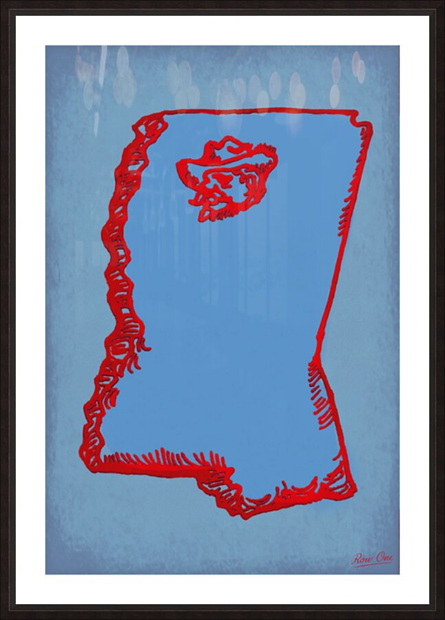 1980s Mississippi State Map with Colonel Reb by Leo Emerson Picture Frame print