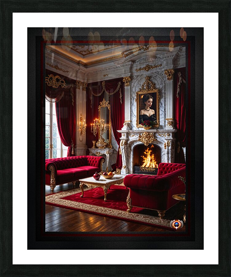 Formal Portrait Of A Woman In An Opulent Interior Over A Fireplace Striking AI Concept Art by Xzendor7 Picture Frame print