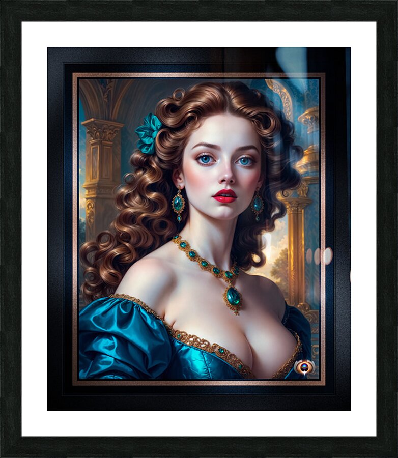 Mesmerizing Portrait Of Matera Veridia In Teal Silk And Gold Embroidery Captivating AI Concept Art by Xzendor7 Picture Frame print