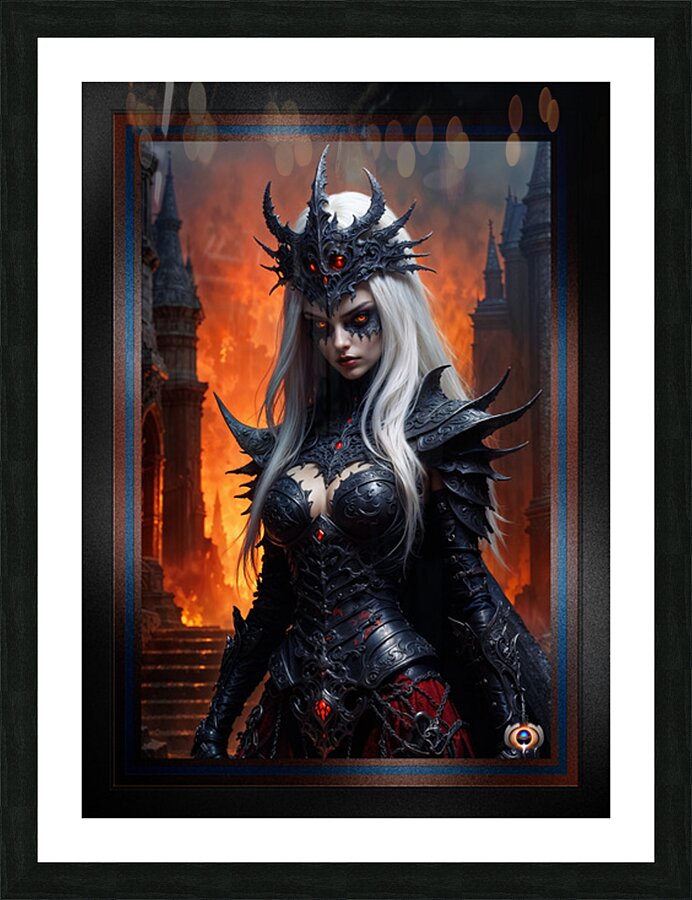 The Fiery Gaze Of Akita The Mystic Sorceress Of Martrella Amidst Burning Ruins Entralling AI Concept Art by Xzendor7 Picture Frame print