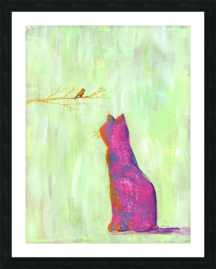 Pink cat and orange bird acrylic painting Picture Frame print