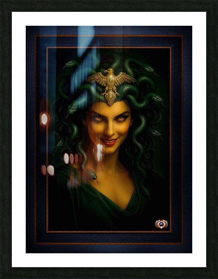 The Deviousness Of Medusa And Her Captive Golden Eyes Captivating AI Concept Art by Xzendor7 Picture Frame print