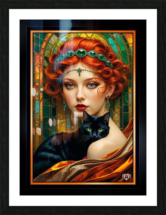 Belle Epoque Portrait Of Ellsie Rhyline And Her Black Cat Captivaing AI Concept Art by Xzendor7 Picture Frame print