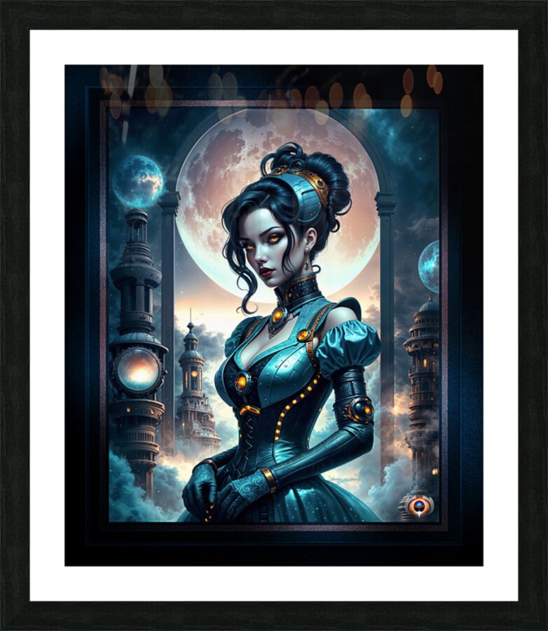 An Ethereal Steampunk Beauty Amidst A Fantasy Victorian Cityscape Striking AI Concept Art by Xzendor7 Picture Frame print