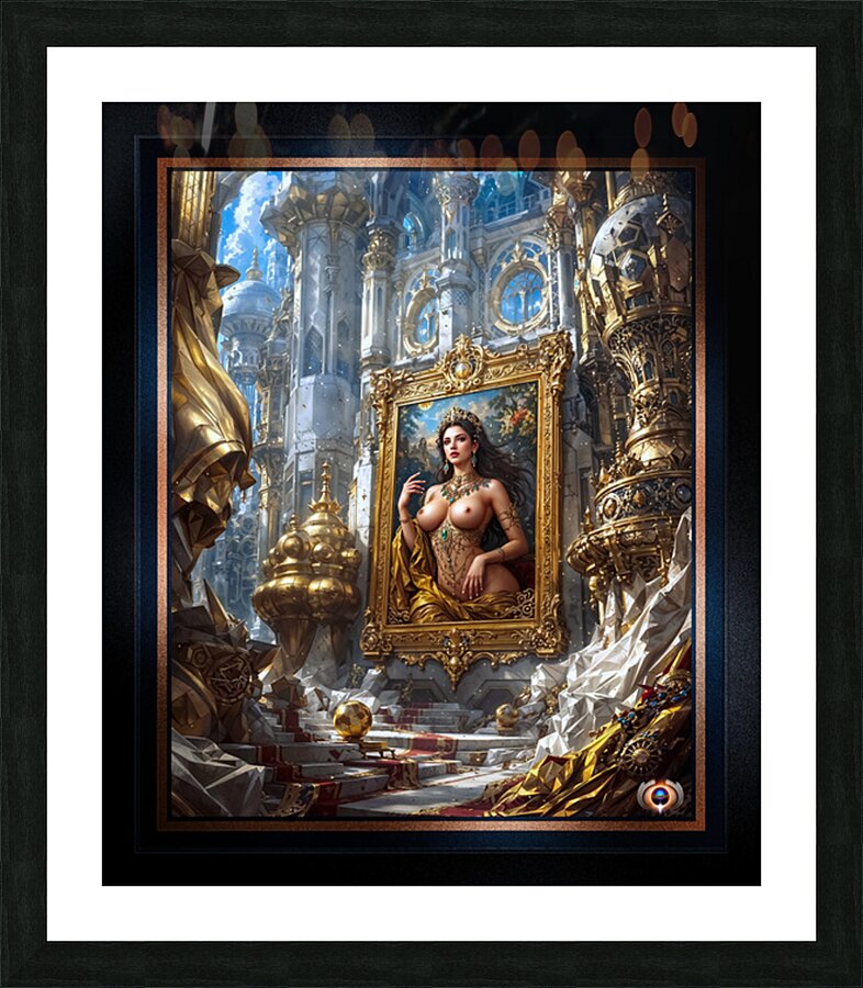 The Golden Portrait Of Kalia Falan Amidst The Treasures Of Delious Stunning AI Concept Art by Xzendor7 Picture Frame print