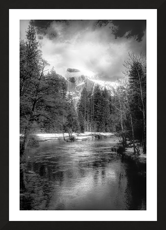 Illuminated  Vertical Yosemite Half Dome in Black and White Picture Frame print