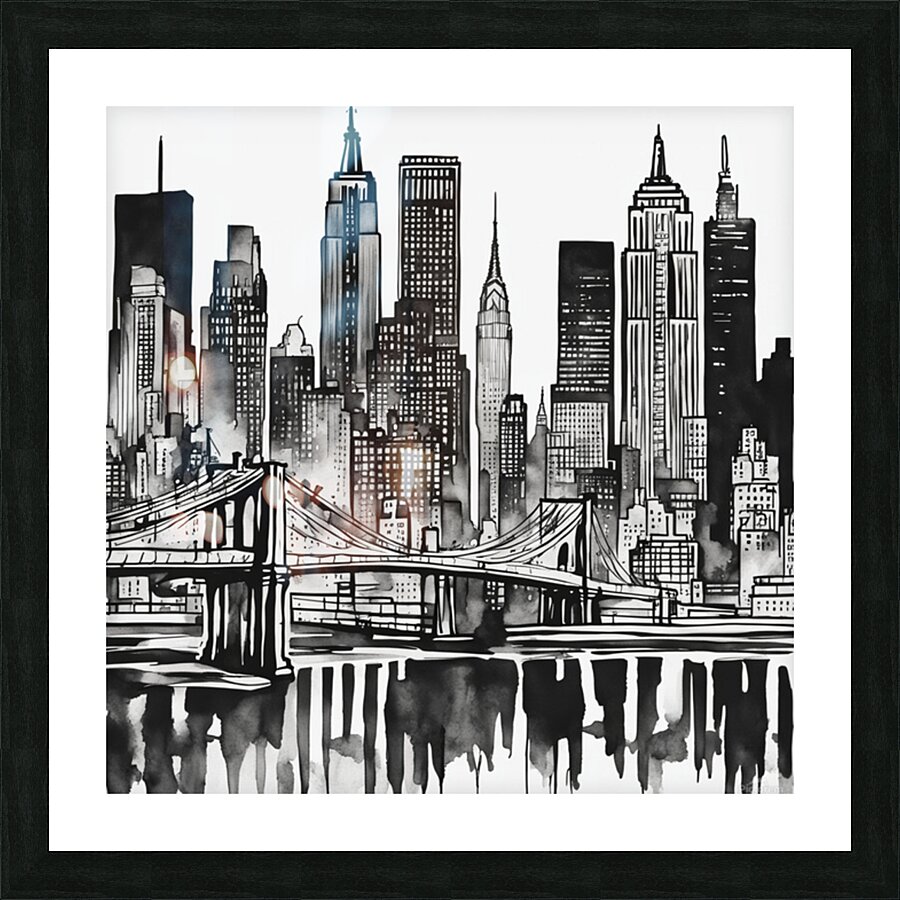A clean and modern black-and-white line illustration of New York Citys iconic skyline featuring landmarks like the Empire State Building and Brooklyn Bridge. Ideal for minimalist art lovers and cityscape decor. Watercolor style Picture Frame print