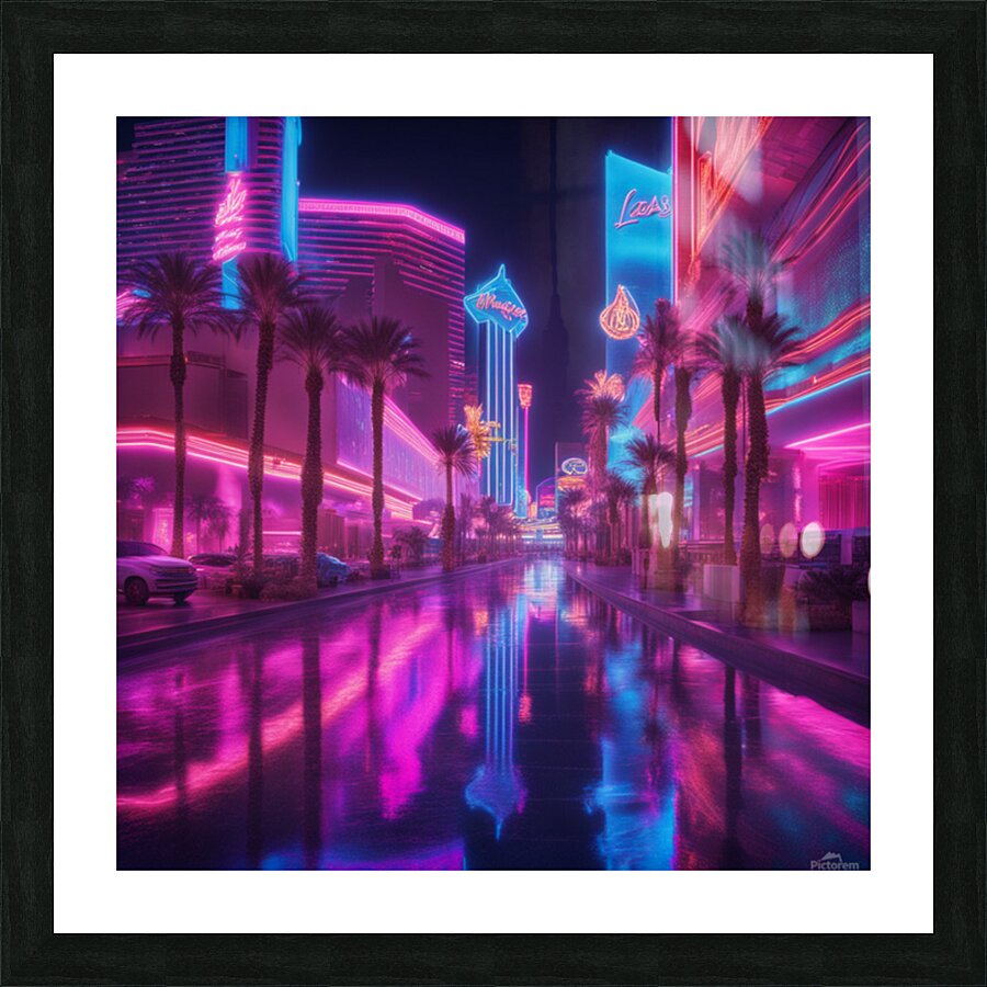 Futuristic neon night view of Las Vegas Strip glowing pink and blue lights reflections on wet streets cinematic cyberpunk vibe detailed and vivid photorealistic with neon flair high-resolution ideal for metal print Psychedelic style Picture Frame print