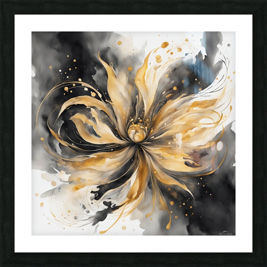 A swirling abstract floral composition painted in vibrant watercolor tones of gold and deep charcoal. The flower-like form bursts with movement featuring delicate tendrils and splashes of shimmering pigment. Points of light flicker throughout the dark bac Picture Frame print