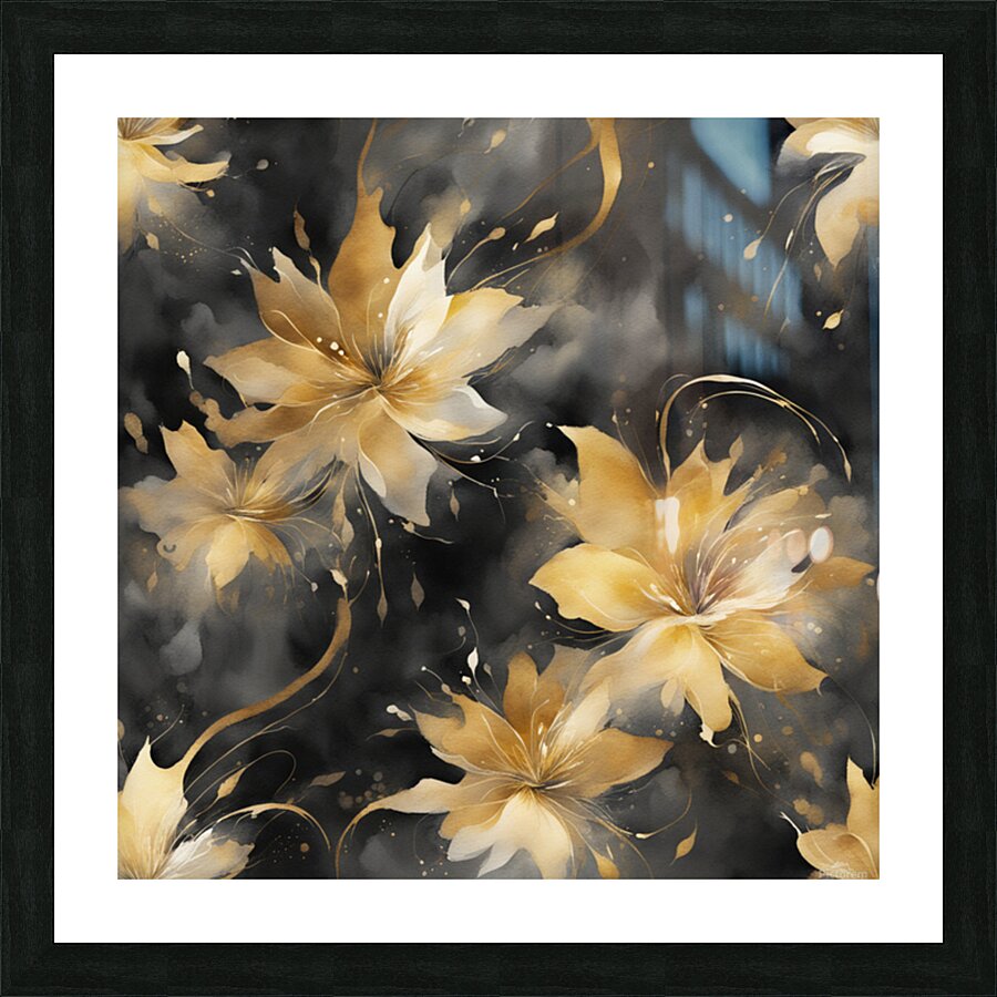 A swirling abstract floral composition painted in vibrant watercolor tones of gold and deep charcoal. The flower-like form bursts with movement featuring delicate tendrils and splashes of shimmering pigment. Points of light flicker throughout the dark bac Picture Frame print