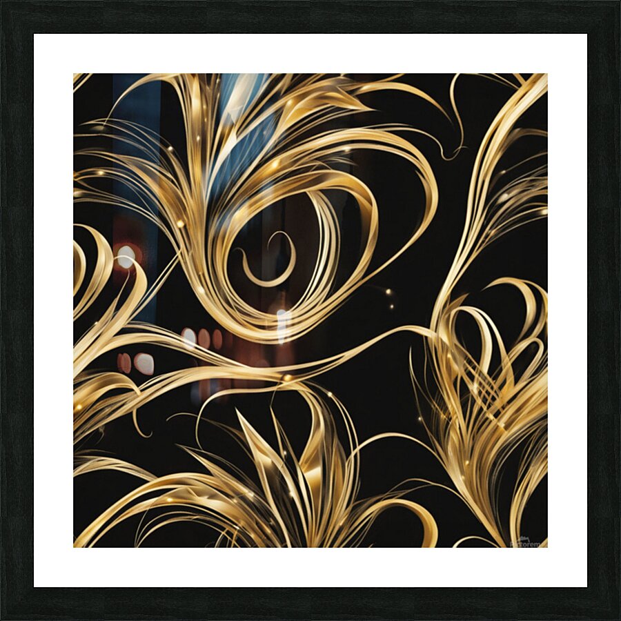 A swirling abstract design featuring vibrant golden and dark black elements creating a dynamic flower-like shape. Delicate elongated tendrils extend outward interspersed with bright shimmering points of light against a dark background conveying a sense... Picture Frame print