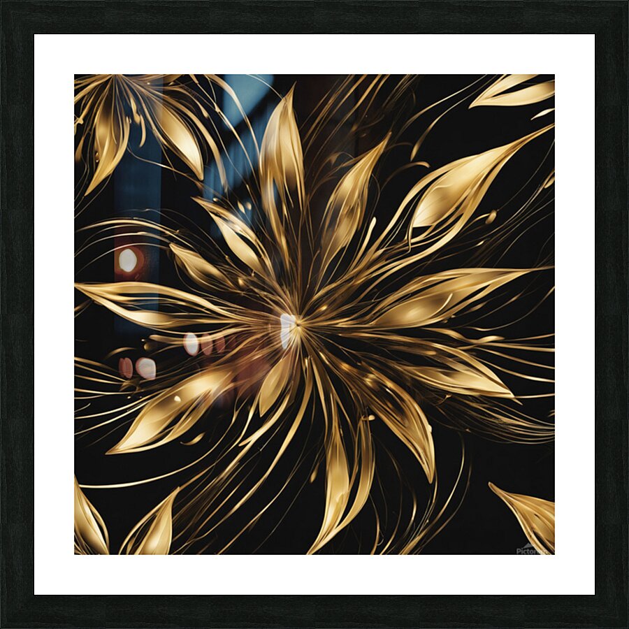 A swirling abstract design featuring vibrant golden and dark black elements creating a dynamic flower-like shape. Delicate elongated tendrils extend outward interspersed with bright shimmering points of light against a dark background conveying a sense... Picture Frame print
