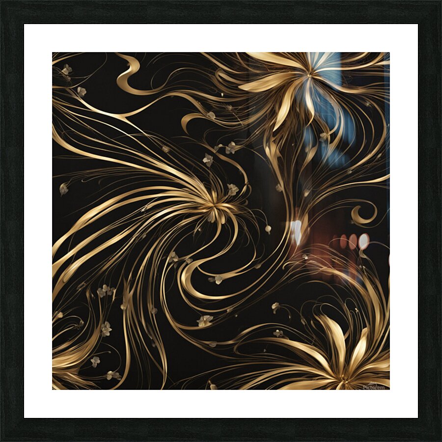 A swirling abstract design featuring vibrant golden and dark black elements creating a dynamic flower-like shape. Delicate elongated tendrils extend outward interspersed with bright shimmering points of light against a dark background conveying a sense... Picture Frame print