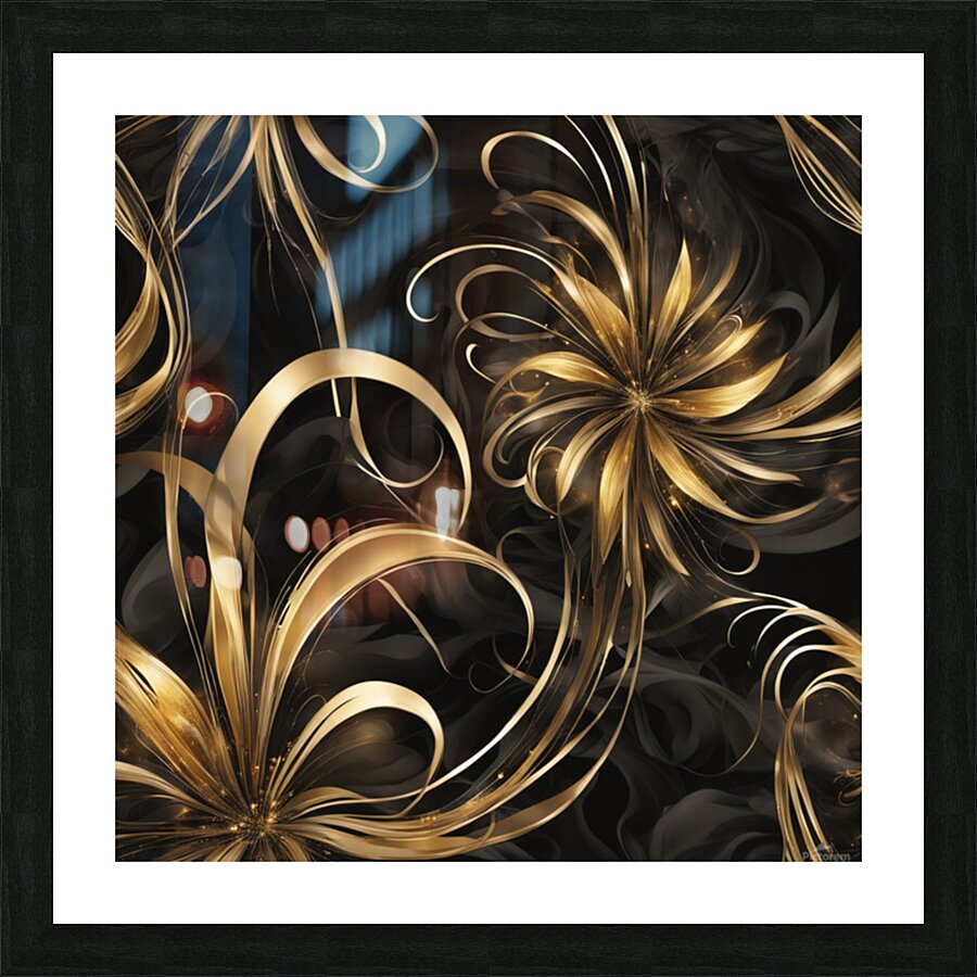 A swirling abstract design featuring vibrant golden and dark black elements creating a dynamic flower-like shape. Delicate elongated tendrils extend outward interspersed with bright shimmering points of light against a dark background conveying a sense... Picture Frame print