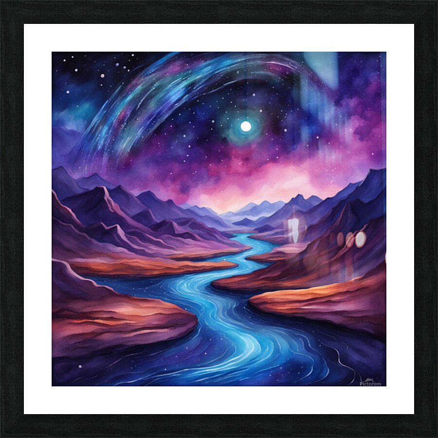 A surreal cosmic landscape featuring a winding river of glowing blue and purple light. The river flows through dark textured mountains under a starry sky. A large luminous planet hovers in the background casting a gentle light on the scene with a vibrant. Picture Frame print