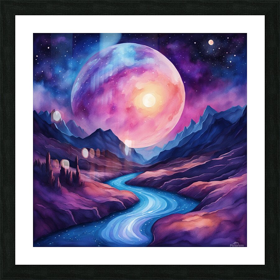 A surreal cosmic landscape featuring a winding river of glowing blue and purple light. The river flows through dark textured mountains under a starry sky. A large luminous planet hovers in the background casting a gentle light on the scene with a vibrant. Picture Frame print