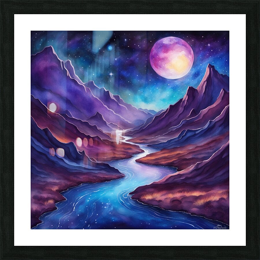 A surreal cosmic landscape featuring a winding river of glowing blue and purple light. The river flows through dark textured mountains under a starry sky. A large luminous planet hovers in the background casting a gentle light on the scene with a vibrant. Picture Frame print