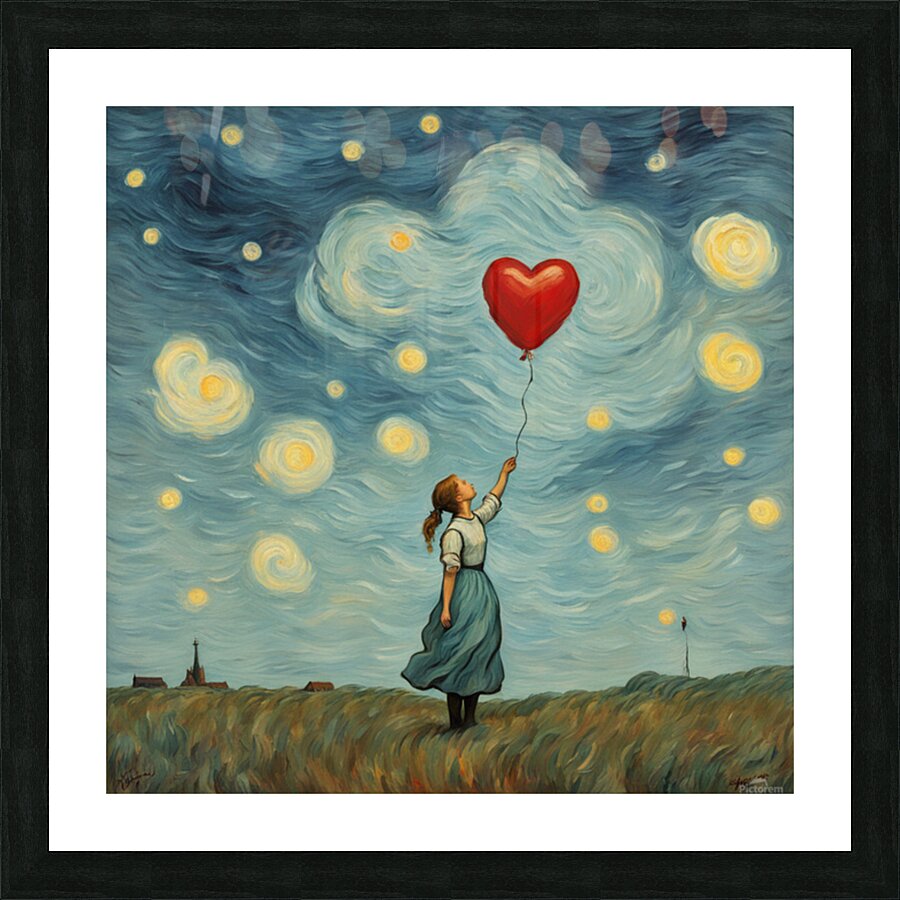 A sad girl with her hand raised because her heart-shaped balloon has escaped from her hands and is flying away in the sky. She is in profile and the heart-shaped balloon is flying away. The aesthetic of the image is that of a classic Van Gogh painting.... Picture Frame print