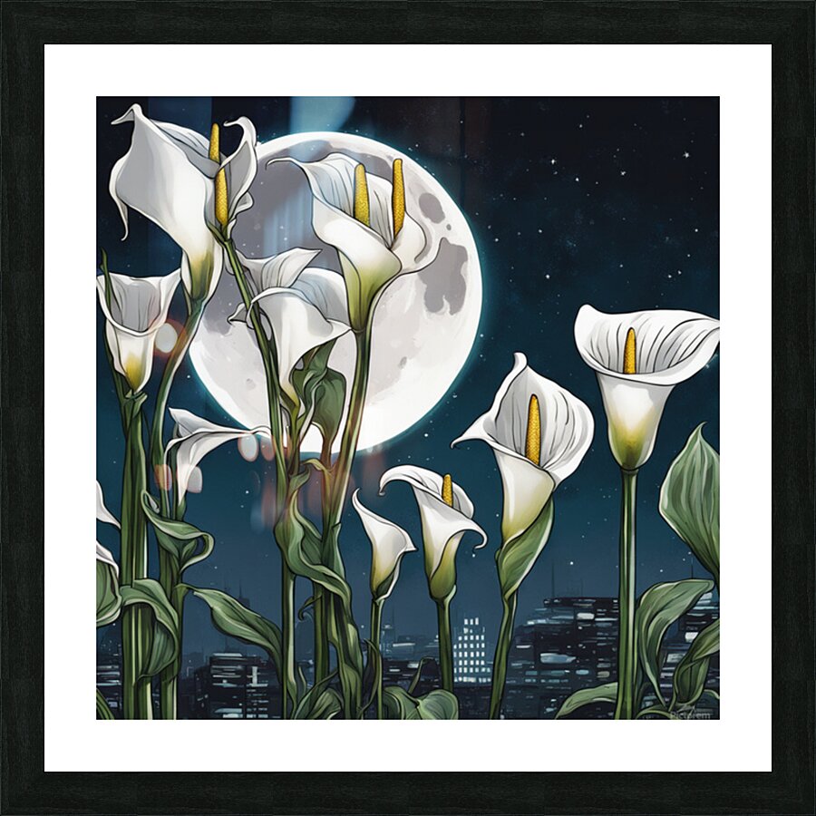 Moon shining over Calla Lily flowers  Cyberpunk style Picture Frame print