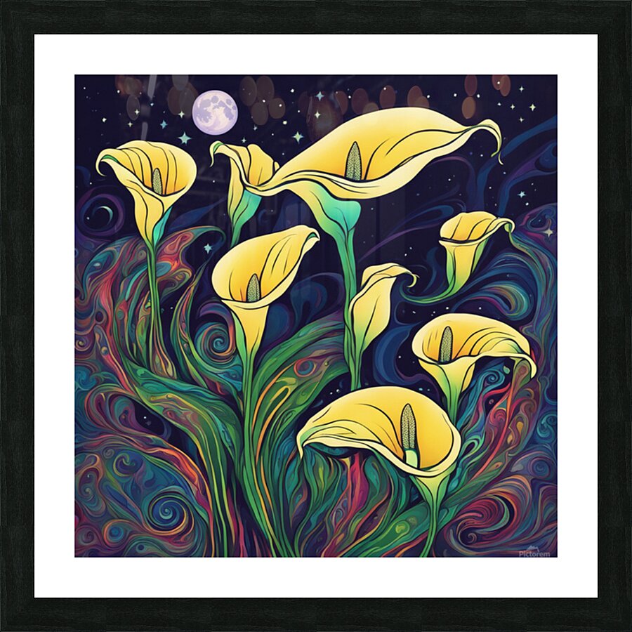 Moon shining over Calla Lily flowers  Psychedelic style Picture Frame print