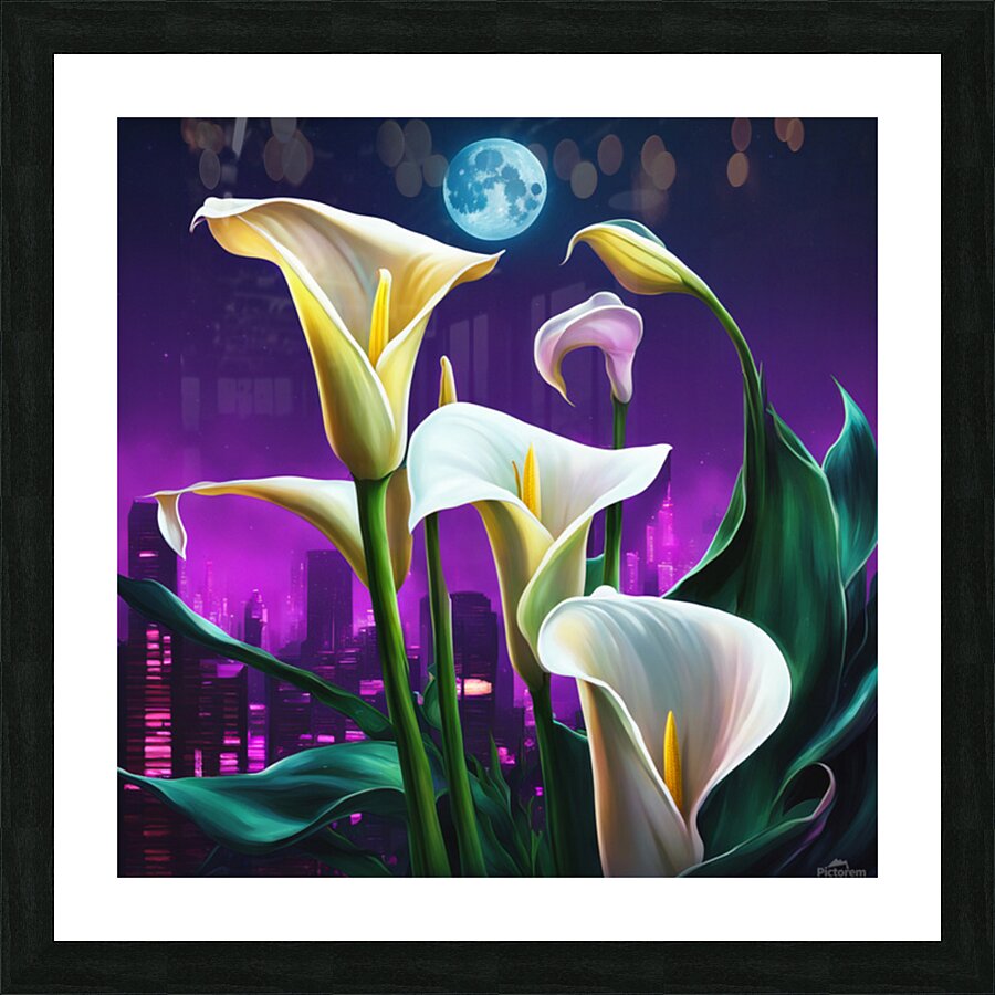Moon shining over Calla Lily flowers  Cyberpunk style Picture Frame print