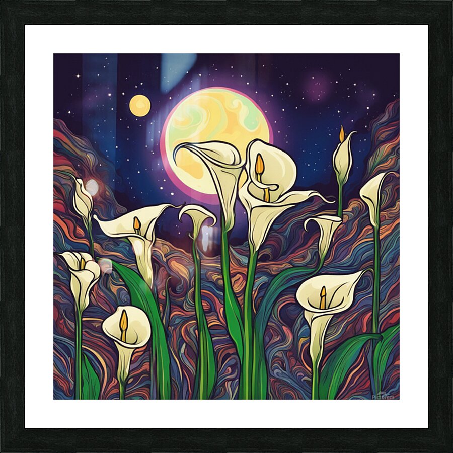 Moon shining over Calla Lily flowers  Psychedelic style Picture Frame print