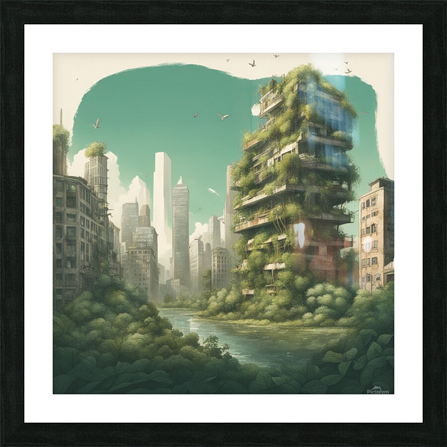 Nature reclaiming cities. Illustration style Picture Frame print