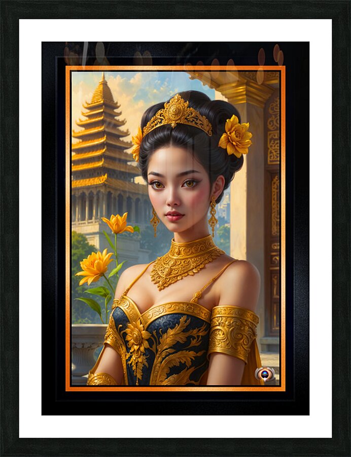 Gilded Portrait Of Lady Anya In The Ancient Temple Of Ossron Mesmerizing AI Concept Art by Xzendor7 Picture Frame print