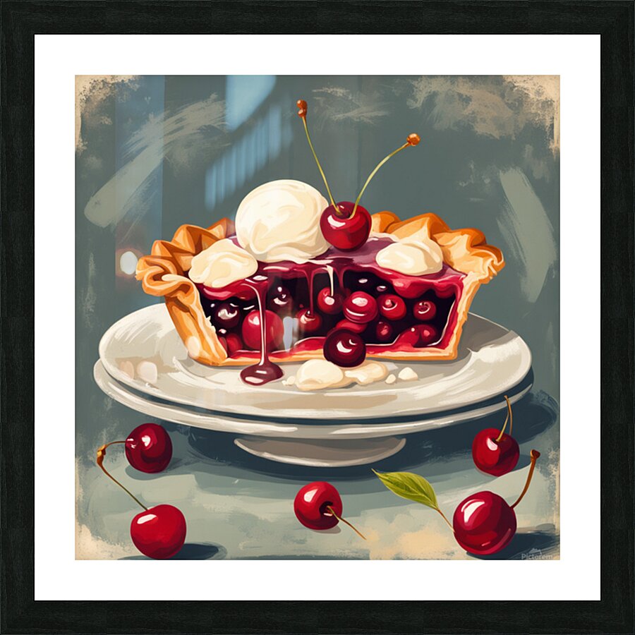 Image of a cherry pie with vanilla ice cream with a vintage background  Impressionism style Picture Frame print