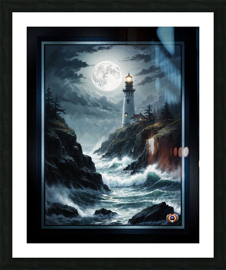 The Sentinel Of The Coast Amidst Moonlit Stormy Seas Engrossing AI Concept Art by Xzendor7 Picture Frame print