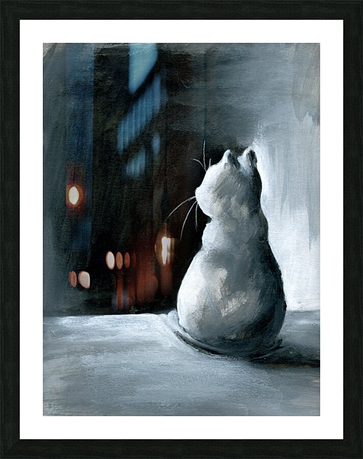 Light in the dark black and white cat acrylic painting Picture Frame print