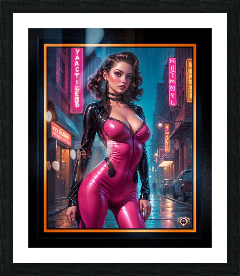 Nymia In Pink Latex In A Rain Soaked Neon City Mesmerizing AI Concept Art by Xzendor7 Picture Frame print