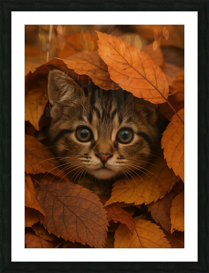 Cute Tabby Kitten in Autumn Forest Leaves Picture Frame print